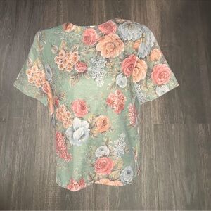 Alfred Dunner Floral Blouse Green Multicolor Short Sleeve Size 8